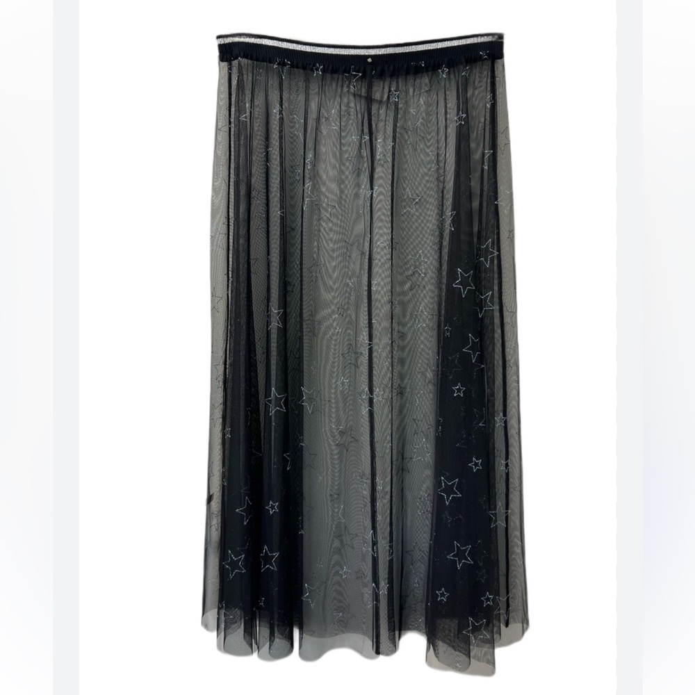 Marina Rinaldi Carta Black Star Mesh Tulle Midi Skirt Sz 16 NWT